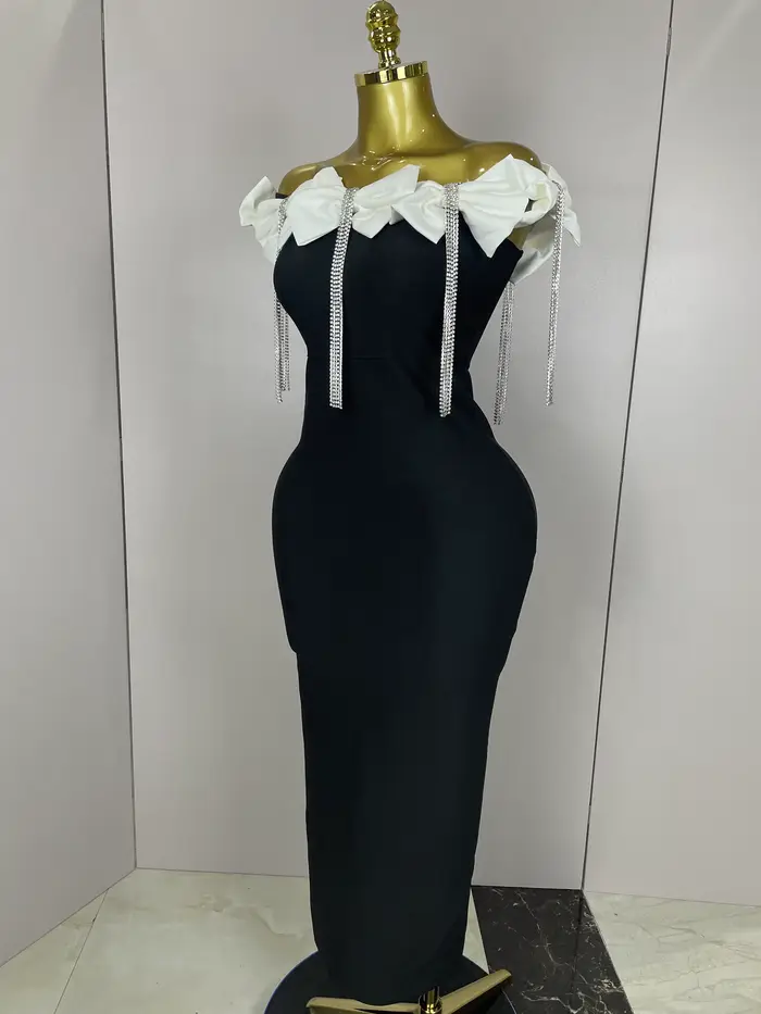 2025 femmes célébrité sexy épaule dénudée fleur diamants noir noeud papillon maxi longue XL robe de