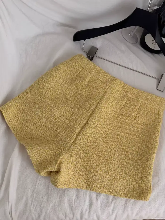 Haut de gamme élégant femme Tweed veste manteau + taille haute Shorts ensemble femmes français mince