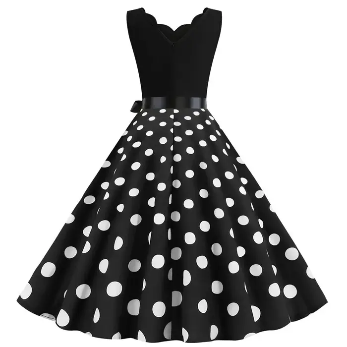 Femmes rétro robes d'été 50s 60s sans manches col en v à pois nœud boule cultivé fête Robe d'été Rob