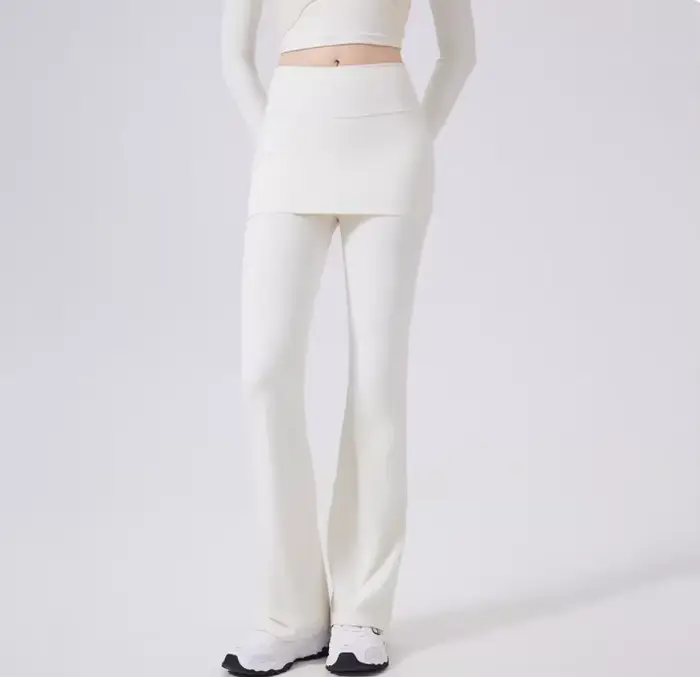 Pantalon faux deux pièces à taille haute légèrement évasé avec jupe intégrée pour femmes, idéal pour