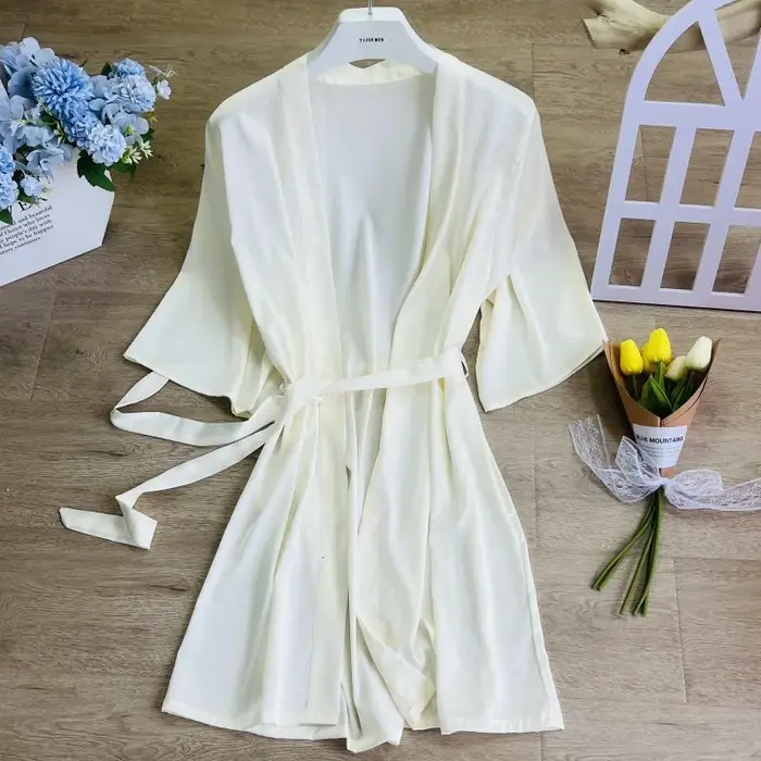 Biele svadobné ranné šaty, lem čipka, župan, Kimono, elegantné nočné oblečenie, v-neck, intímne spodná bielizeň v saténe