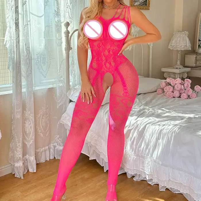 Lingerie féminine sexy, body résille évidé sans manches, entrejambe ouvert, style érotique