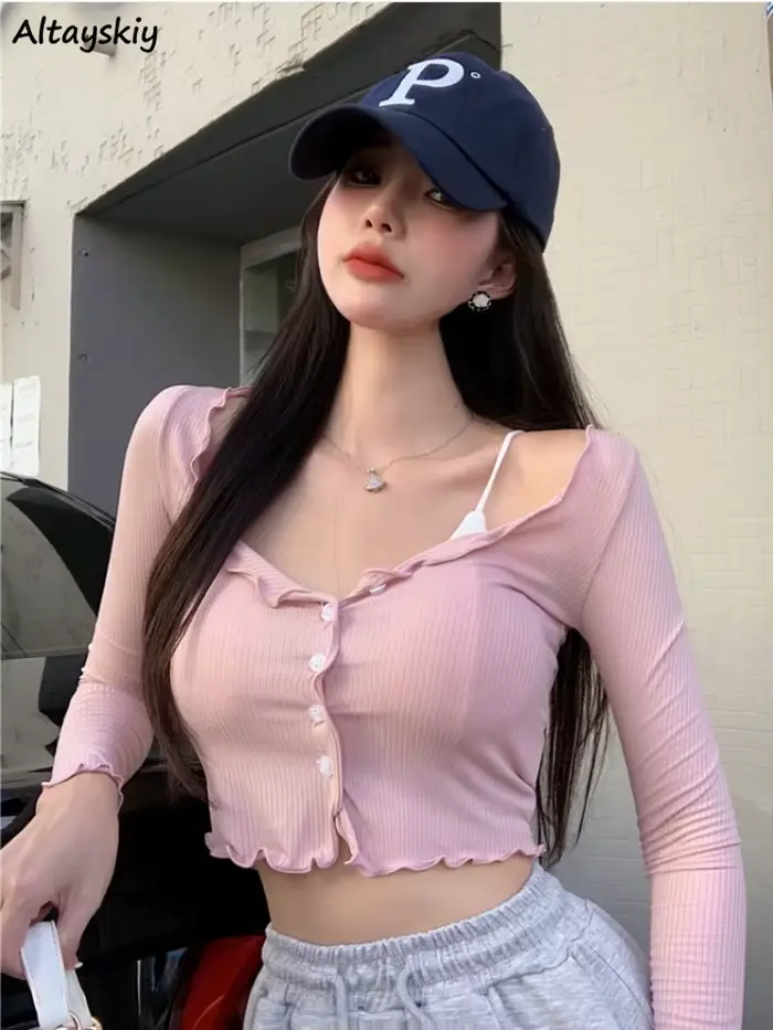 Dlhé rukávy Tričká ženy úroda štíhle odolné voči slnku výstrih do V retro jemné Sexy mladé Streetwear Ulzzang