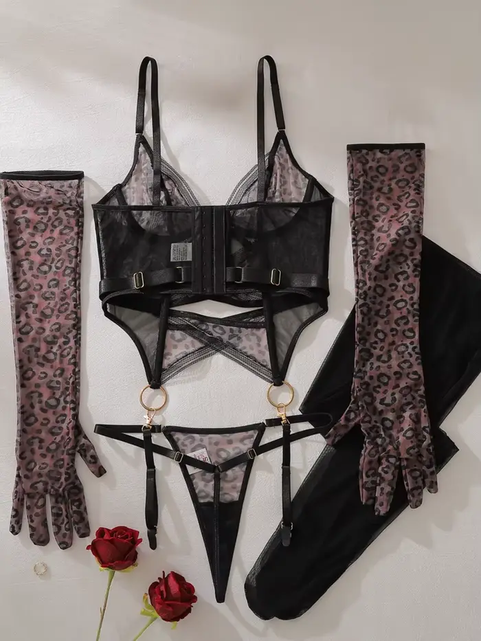 Sexy spodná bielizeň set priehľadný leopard vzor s elegantnými sieťovanými rukavicami, prelamované sochárske nočné oblečenie pre ženy