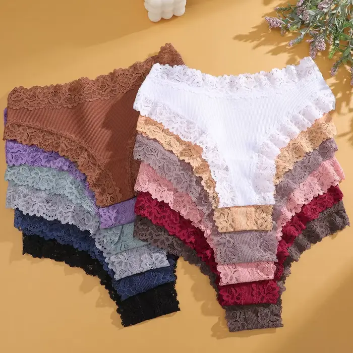 7-dielna súprava pre ženy Sexy čipka bavlnené nohavičky bezšvové brazílske