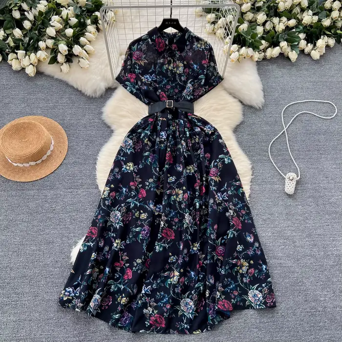 Robe à Revers à Imprimé Floral pour Femme, Vêtement Français Vintage, Manches Courtes, Taille Haute,