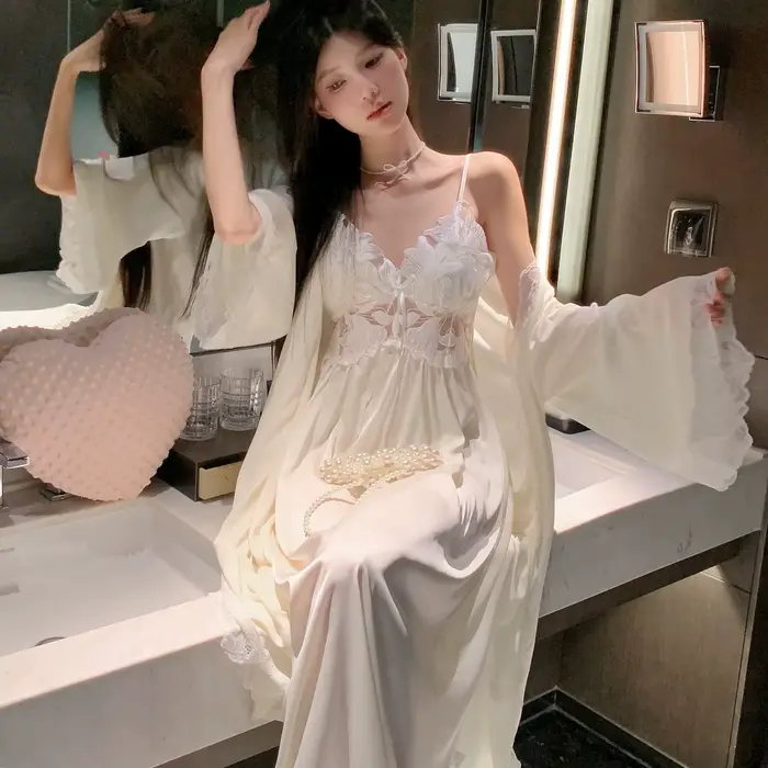 Dámske dlhé šaty Set, nočná košeľa Elegantný hodvábny satén, Nočné a vnútorné oblečenie, Sexy čipka spodná bielizeň, Relaxačný outfit