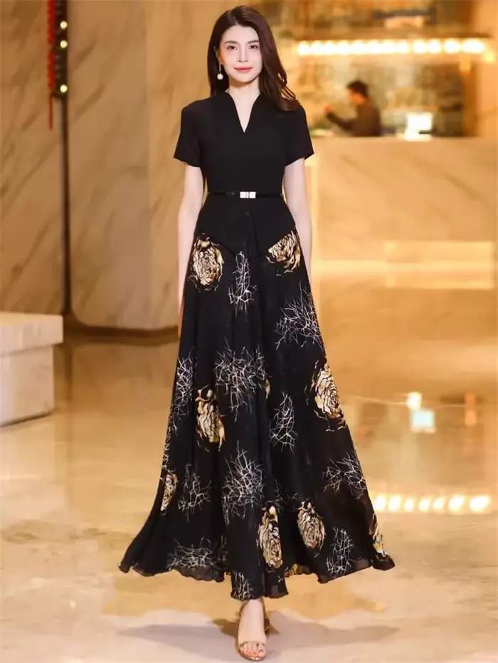 Robe d'été élégante à manches courtes, faux robe deux pièces haut de gamme, nouvelle mode imprimée, 