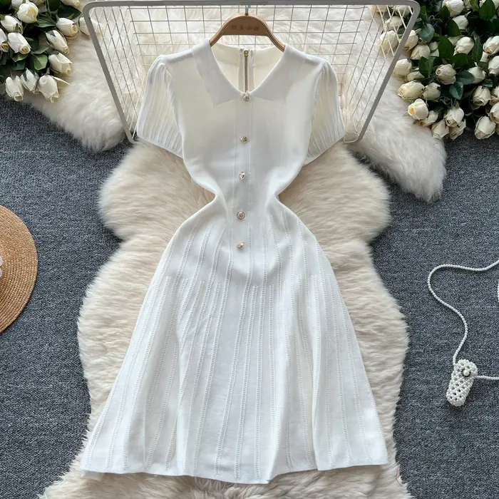 Robe femme décontractée printemps été polyester coton brodée élastique pull haut mi-mollets soirée plage occassionnels