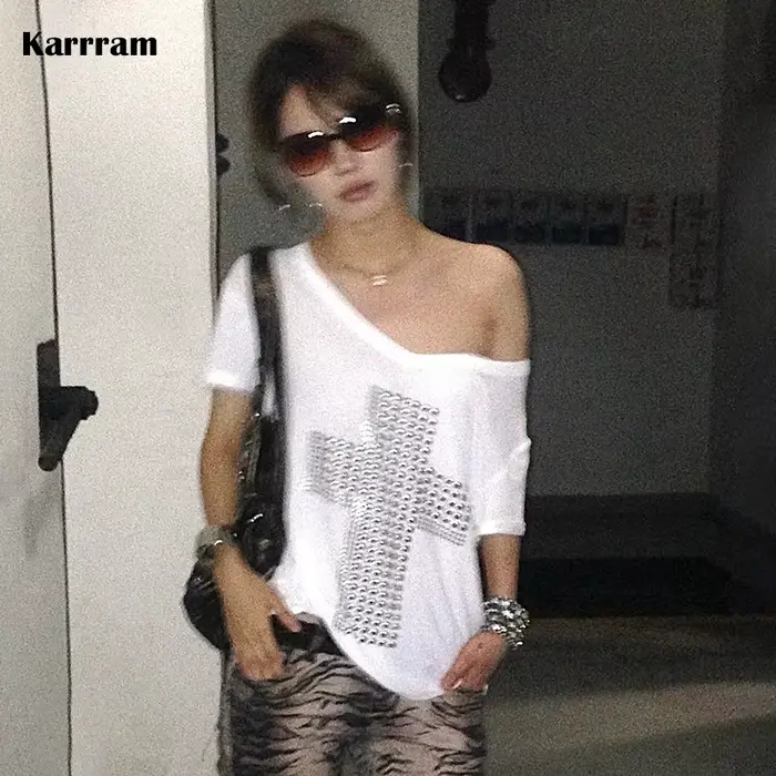 Dámske Y2K bavlnené flitrované V-Neck pletené, Vintage Harajuku štýl, špeciálne príležitosti 2000s
