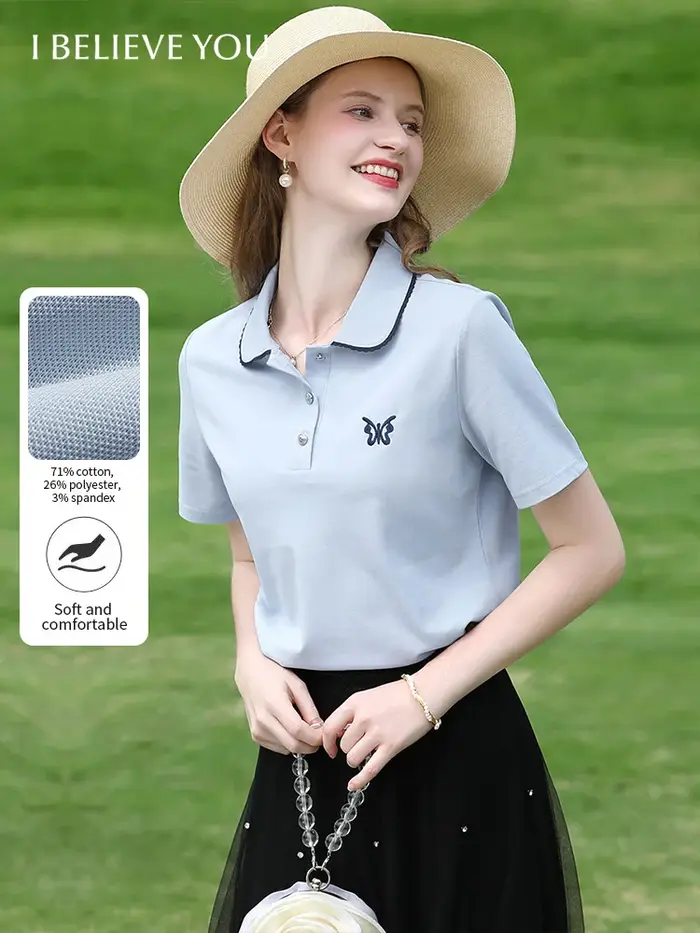 Je crois que vous T-shirt col polo bleu pour femmes été 2025 papillon brodé respirant manches courte