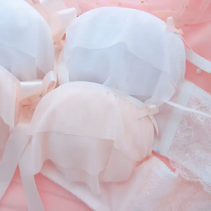 Japonská ruffled podprsenka a nohavičky set, roztomilý študent spodné prádlo set, Kawaii Lolita podprsenka, ružová spodná bielizeň podprsenka