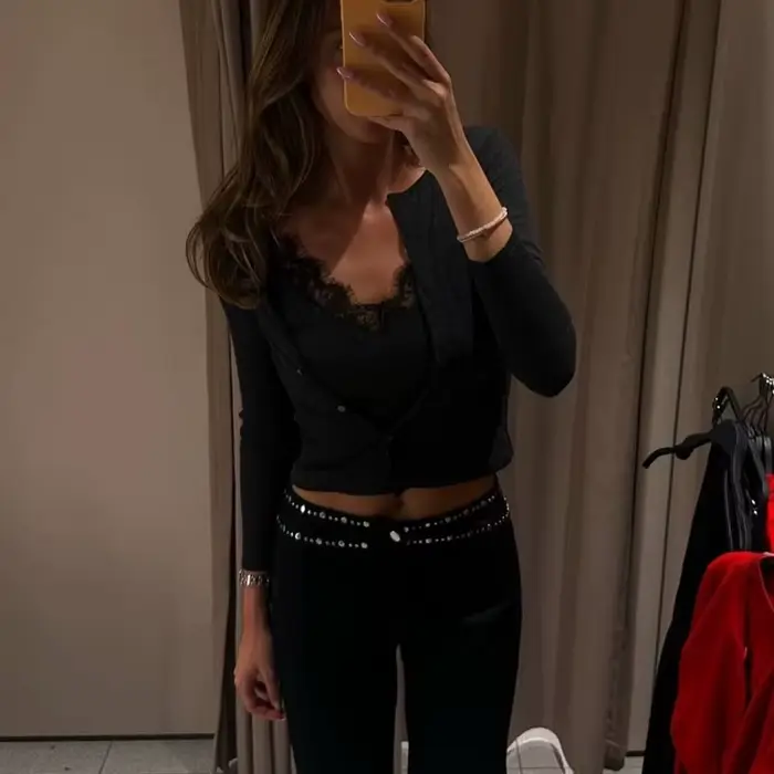 MUJER čipkovaný skrátený kabátik pre ženy Vintage pletený Medzisezónny kabát pre