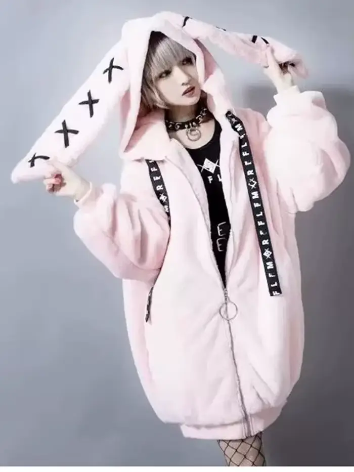 Lautaro jeseň nadrozmerný mäkký roztomilý fialovo-čierny kožuch pre ženy s králičimi ušami Kawaii
