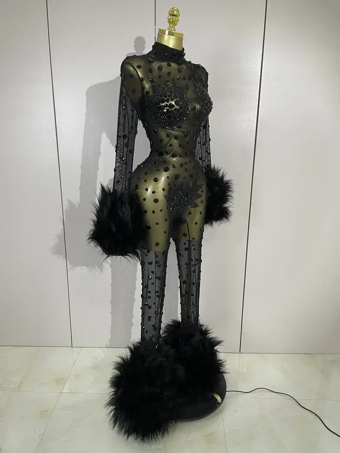 STOCK luxe diamant noir maille Transparent extensible à manches longues combinaison femmes Sexy Perf