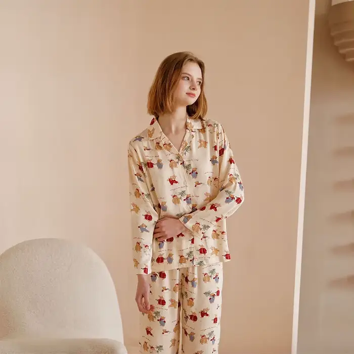 Ensemble pyjama confortable imprimé ours pour femmes, pyjama de noël en coton doux, mignon, vêtement