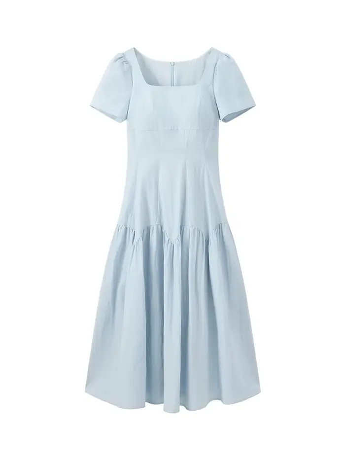 Robe longue française à manches courtes et col carré pour femmes, coupe cintrée, ligne a, Petite tai