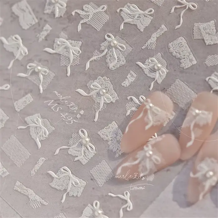 1 kus 5D japonský biely čipkovaný motýlik Nail Art nálepky perla kamienky dekorácia nechtov lepiaca nálepka