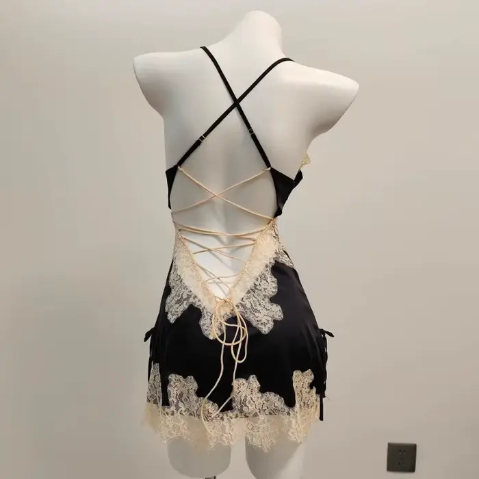 Sexy pyžamo pre ženy, nočná bielizeň z ľadového hodvábu a čipky
