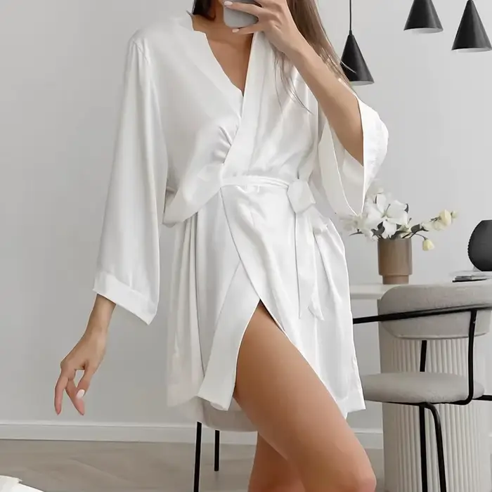Biele svadobné šaty pre ženy, 3/4 rukáv ráno župan, nočná košeľa voľný strih, hodvábne saténové kimono, spodná bielizeň