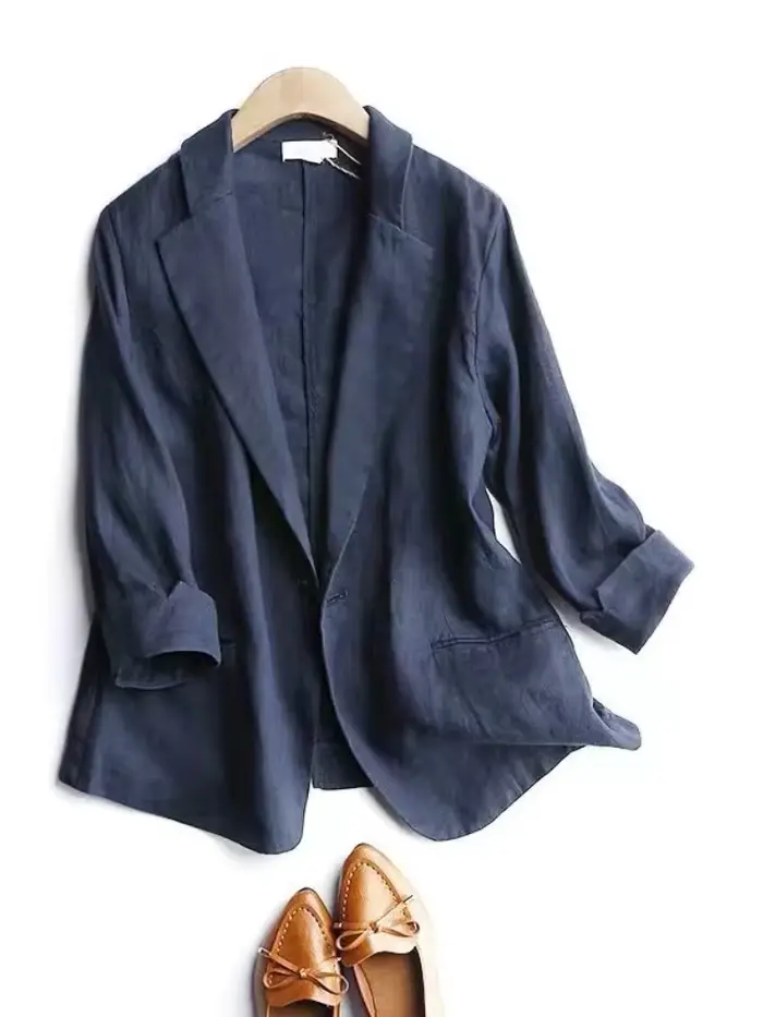 Blazer à simple boutonnage pour femme, veste d'été en coton et lin, blanc uni, bouton décontracté, m