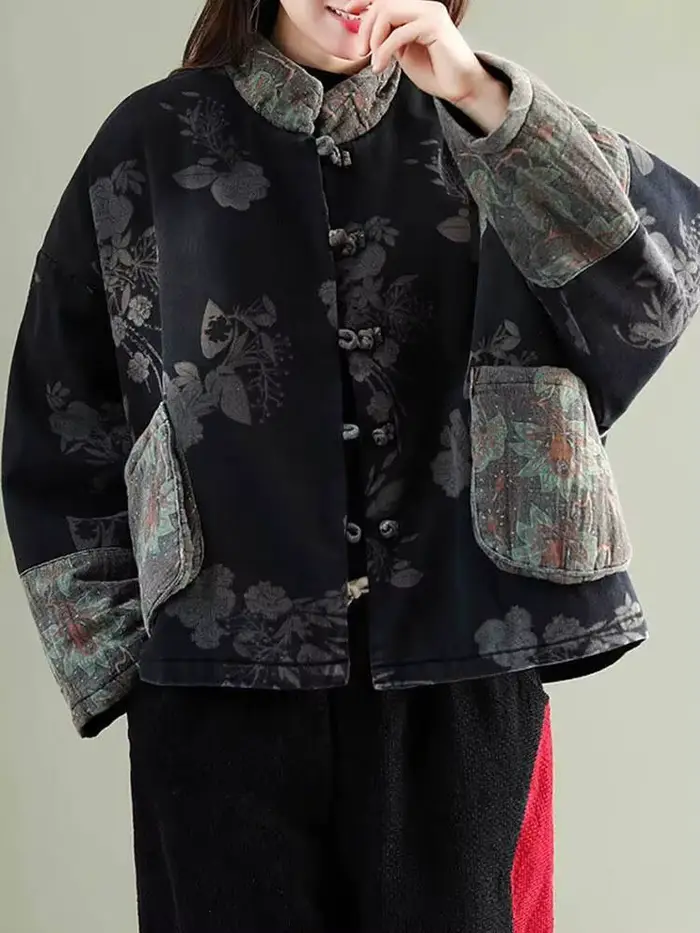 Amax LuluE Čínsky dizajn Dámske teplé parky Ženy Vintage Kvetinový Denim Zima prešívané bundy Voľný čas nadrozmerné