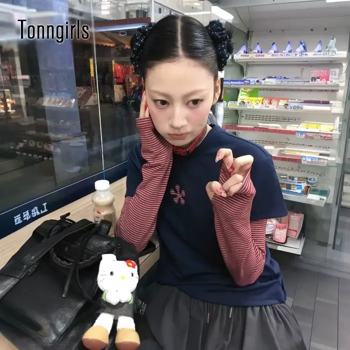 Tonngirls Harajuku Patchwork Tričko pre ženy s dlhým rukávom pásikavé falošné dvojdielne topy Streetwear Y2k Vintage