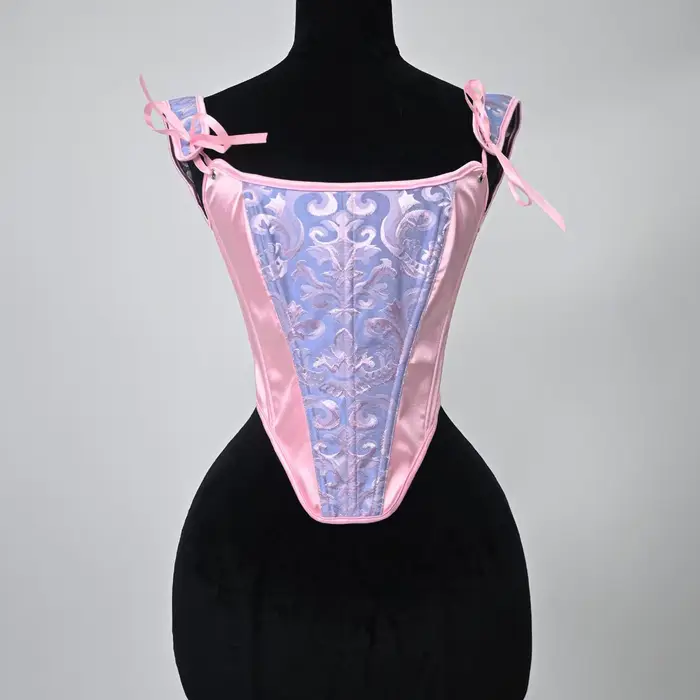 Nouveau Corset Jacquard Rose et Bleu 2026, Bretelles en Satin Rose à Nœuds, Sculpteur de Taille à Ba