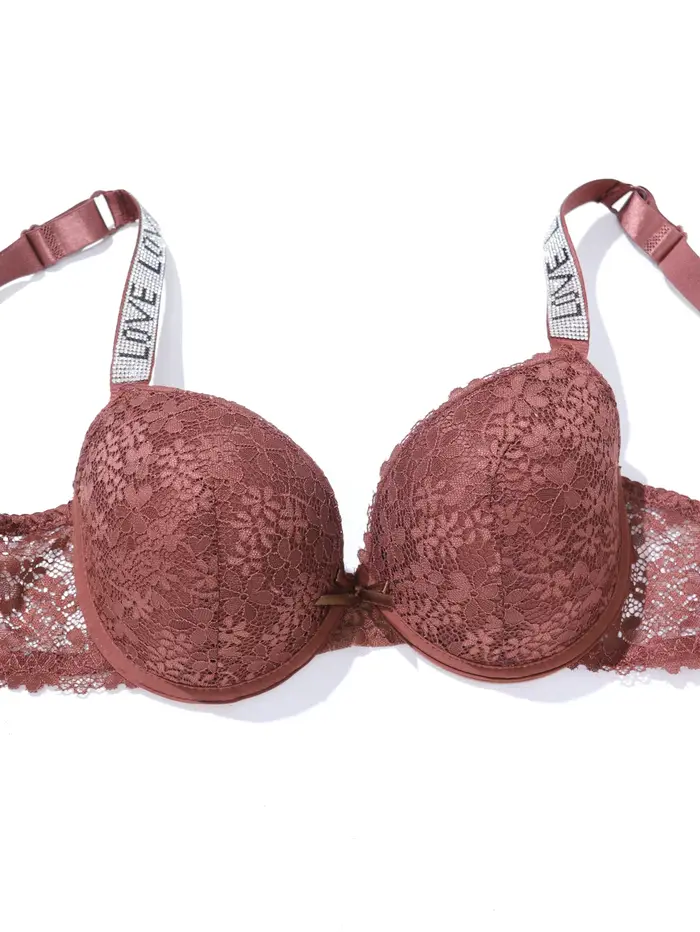 Beauwear-Push-up podprsenka z čipky kvetinový, priedušná, pohodlná, popruhy s lesklými písmenami