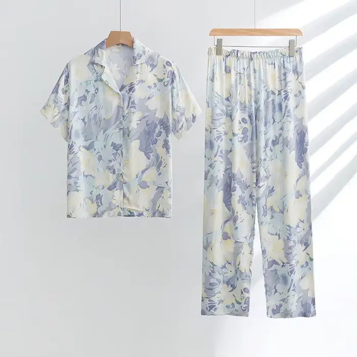 Femmes deux pièces printemps été pyjamas costumes fleur imprimé à manches longues Pijama matériel co