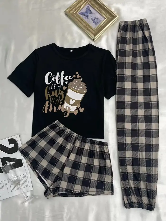 Pyjama trois pièces confortable pour femmes, nouveau style, short, pantalon long, manches courtes, v