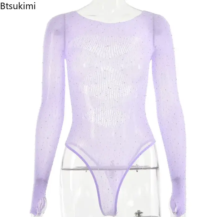 Dámske priehľadné sieťované body, prelamovaný úplet, dlhé rukávy, kamienky, sieťovina, sexy oblečenie v nočnom klube, nová kolekcia