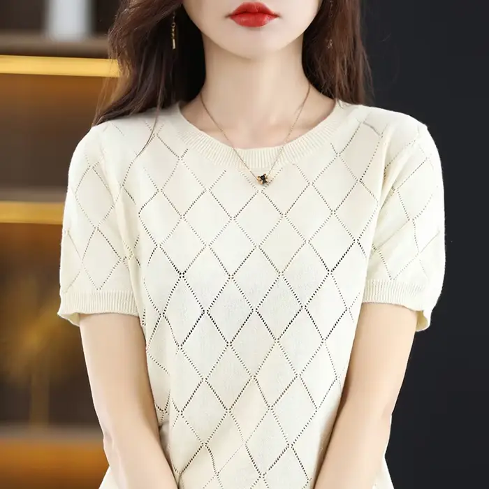 T-shirt à manches courtes et col rond pour femme, pull fin, 100% coton, pull creux en diamant, t-shi