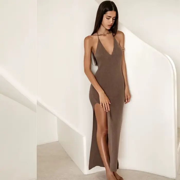 Letné plážové šaty, vysoká štrbina, jednofarebné, sviatočné šaty, Sexy, pletené, bez chrbta, golier, elegantný, bez rukávov, tesný, na kravatu