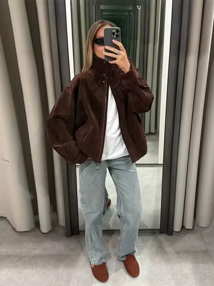 2025 Zima Vintage Hnedá Semišová Voľná Bunda pre Ženy Pohodlný Stojací Golier Hrubé Vrecká Teplý Kabát Jeseň Dámsky Zvrchník Streetwear