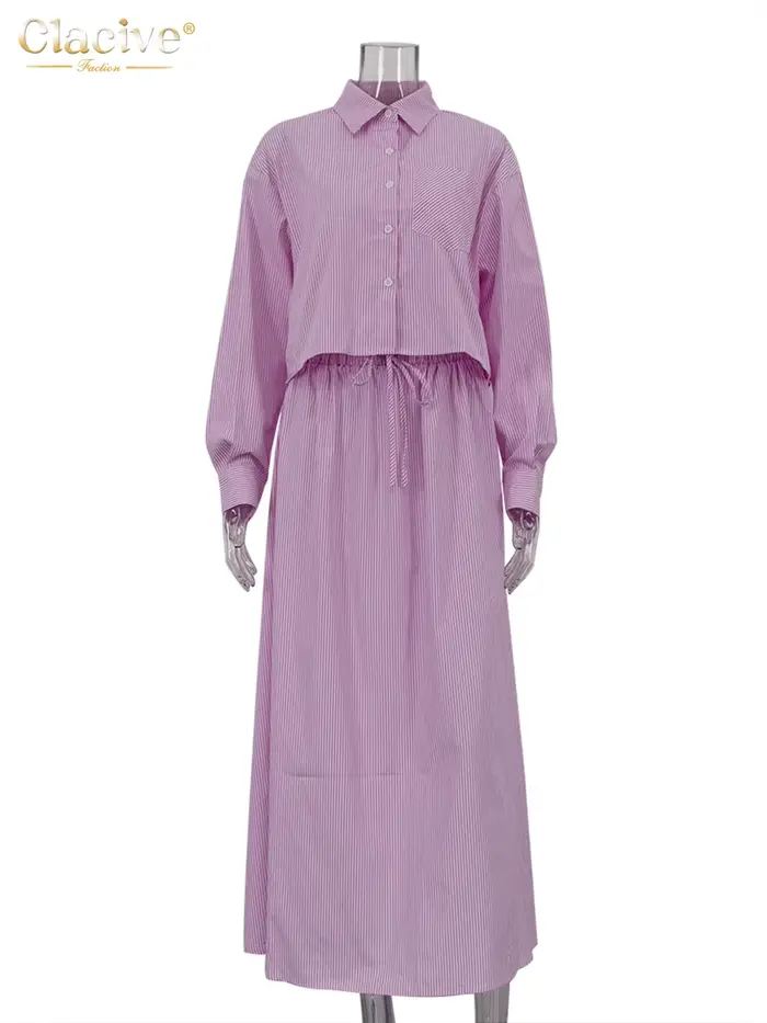ClacMarkets-Ensemble 2 pièces à rayures roses pour femmes, chemise élégante à manches longues, jupes