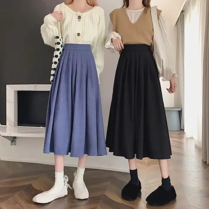 Xpqbb-Jupe Mi-Longue en Velours Côtelé pour Femme, Taille Haute, Style Collège, Plissée A-Line, Auto