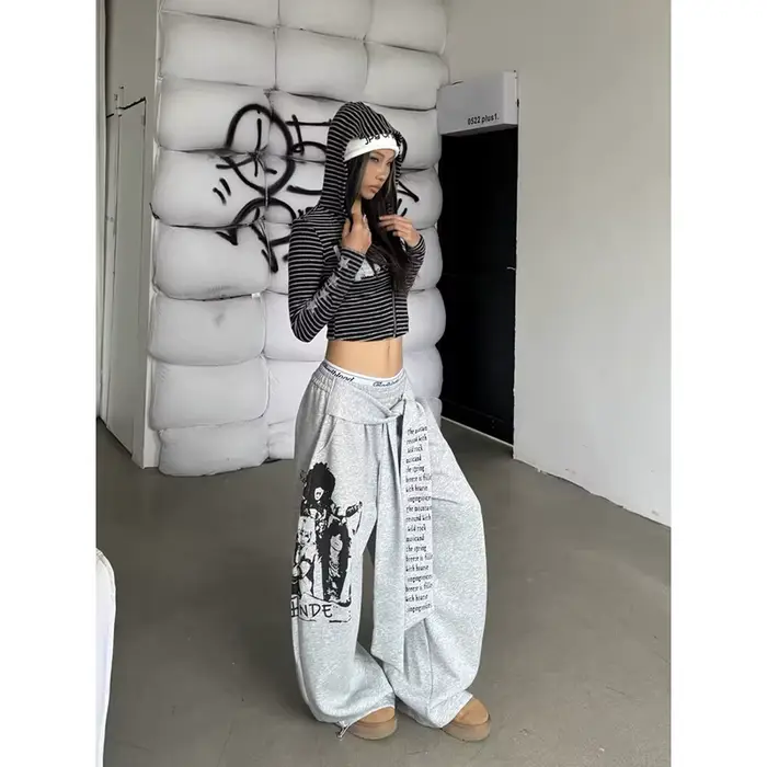 ZHIZOU femmes gris gothique Baggy Y2k lettre impression pantalon Harajuku années 2000 Vintage surdim