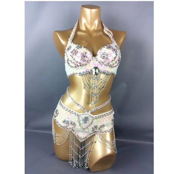 Vente chaude femmes perles paillettes danse du ventre Suite ceinture + soutien-gorge Samba Costumes Club USA soutien-gorge taille 34B,36B,38B,40B,34D,36D,38D,40D