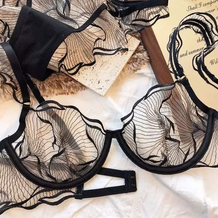 Francúzske kvety vyšívané čipky podprsenka pre ženy, ultra jemné pohodlie, ľahká podpora, veľkosť S-XL, sexy štýl, polyester, elastan, nylon