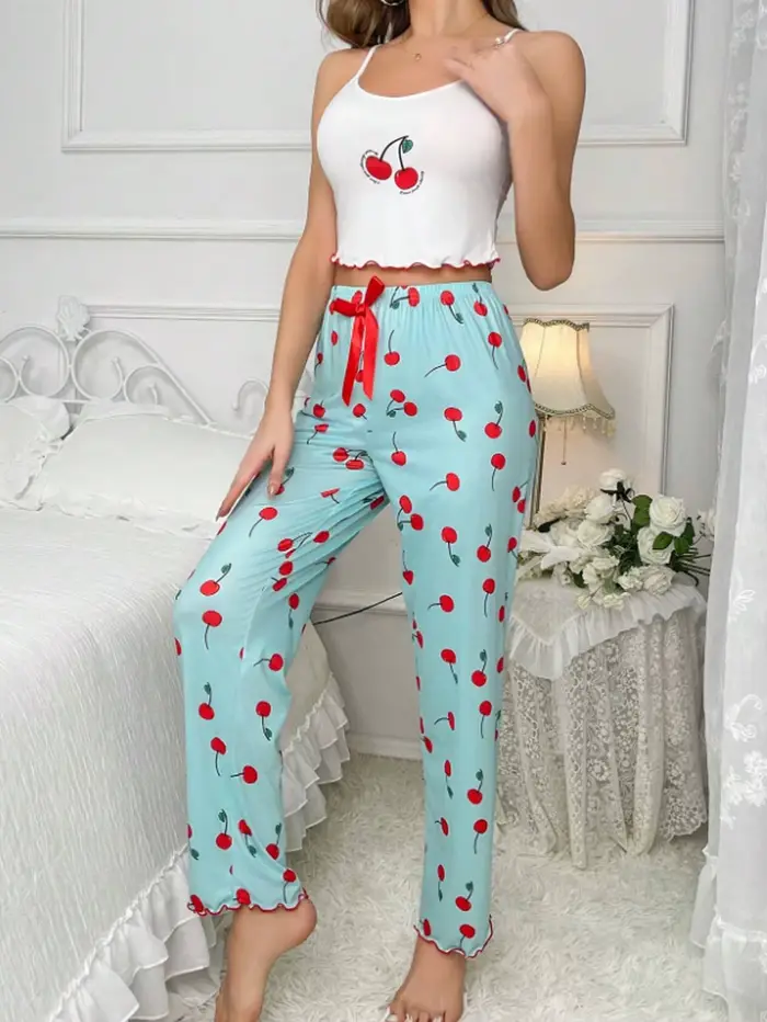 Y2K Coquette cerise imprimé pyjama ensemble femmes Cami haut court pantalon deux pièces vêtements de