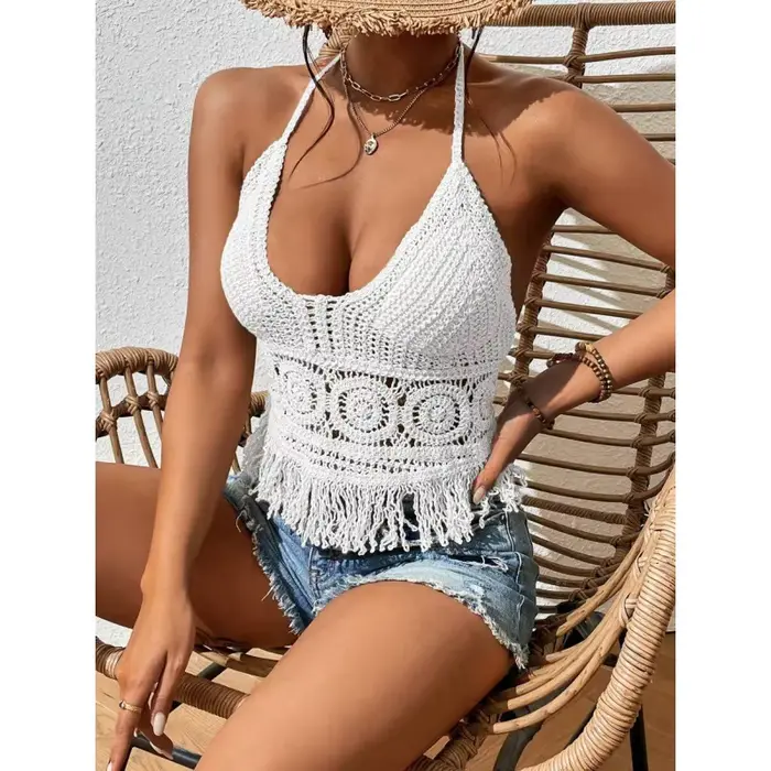 Top Boho Culture Femme Dos Nu Sexy Y2K Personnage Ajouré Bandage Waffle Epingles Elégant Occasions Spéciales