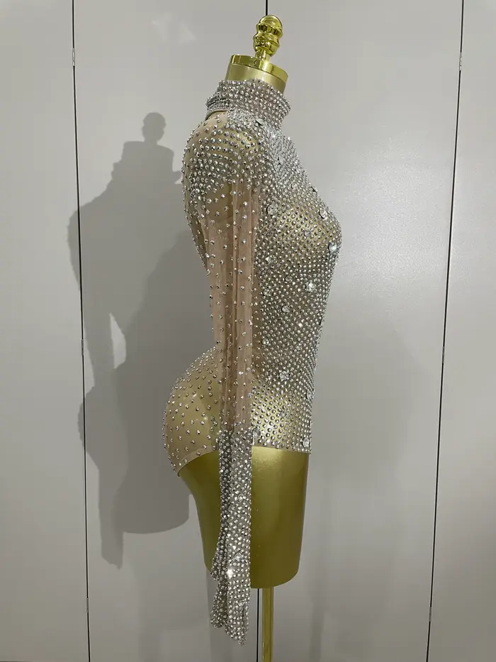 Gants à manches longues avec strass scintillants, body extensible pour femmes, soirée de luxe, fête 