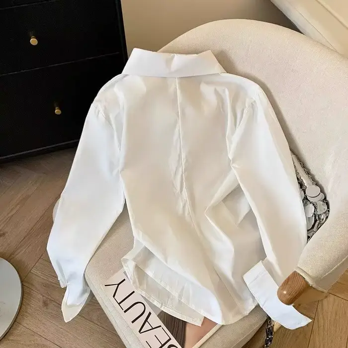 Polo à manches longues irrégulières pour femmes, tunique blanche élégante, haut basique, chemisier, 