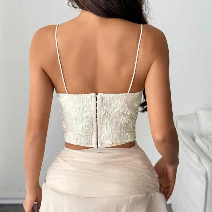 Elegantný korzet pre ženy v krémovej ružovej 3D čipke, prekrížené špagety, bez ramienok pre streetwear a clubwear
