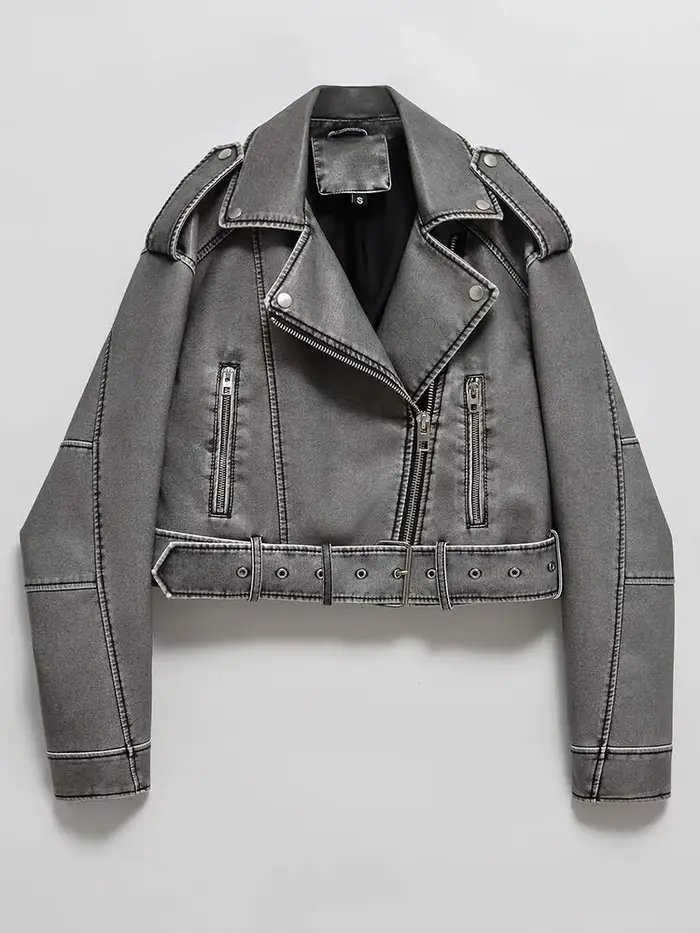 Dámska vintage voľne strihaná umelá kožená bunda krátka streetwear so zipsom a opaskom retro moto biker kabát