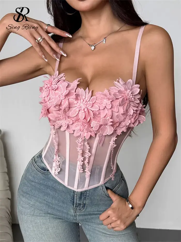 SINGREINY čistá gáza 3D kvety Korzet ženy ružová Sexy popruhy tenké high fashion Streetwear dámy krátke francúzske Chic Sweet Camis