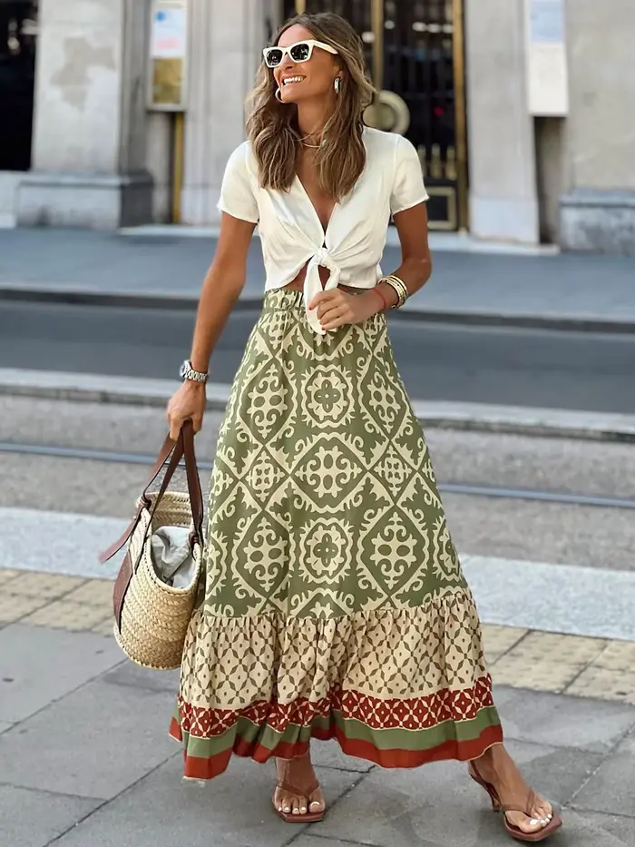 Jastie Boho rétro imprimé fleuri jupes femmes 2025 été taille haute a-ligne plissée jupes longues dé