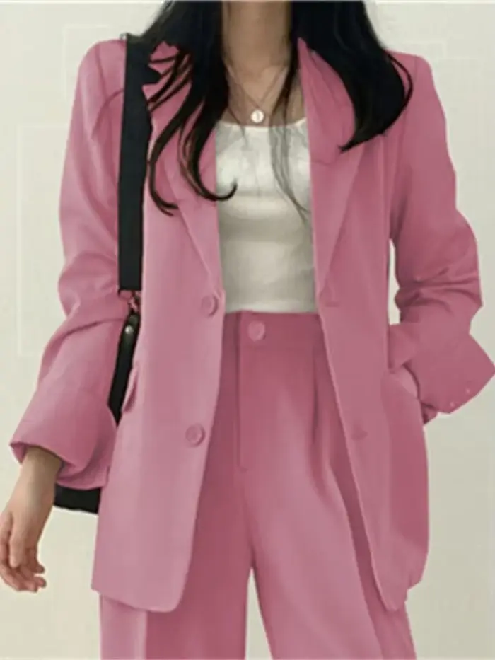 Dámske elastan Polyester sako a nohavice Set, Stredná veľkosť, rebrovaný golier sako, široké nohavice nohavice, moderné fit, jarné letné obdobie, profesionálne príležitosti