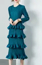 Robe trapèze en mousseline de soie plissée à volants pour femmes, manches longues, élégante, vintage